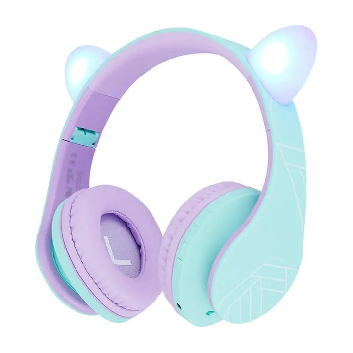 Casti wireless pentru copii PowerLocus P2, LED, limita volum 85dB, albastru-violet, 168g