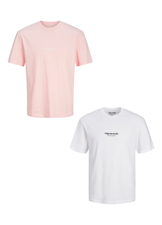 2 db-os férfi póló szett, Jack & Jones, pamut, fehér/rózsaszín, Fehér/Rózsaszín