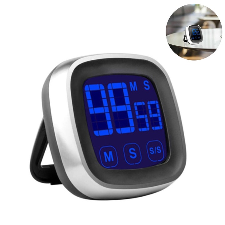 Timer digital cu functie touch, magnetic, 99 minute 59 secunde, 7.5x7.5x2.5cm, argintiu/negru
