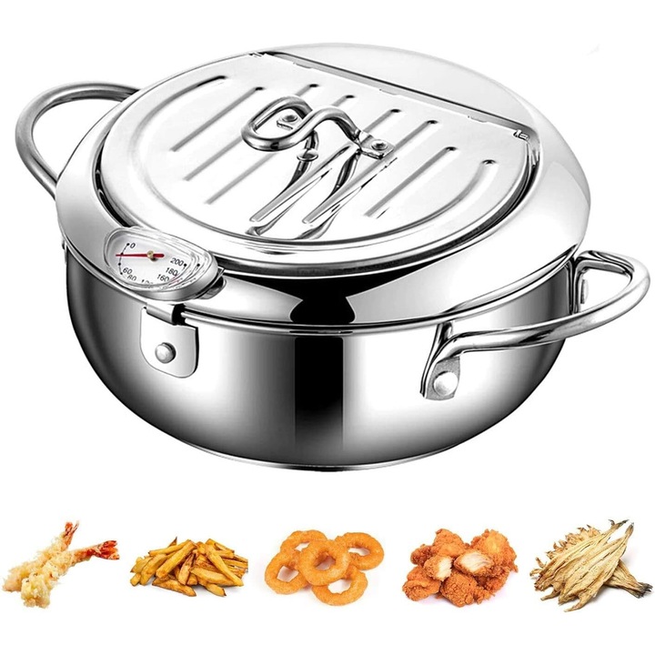 Fryer japonez cu termometru integrat, AMRINUGL, non-stick, 20cm diametru, usor de curatat