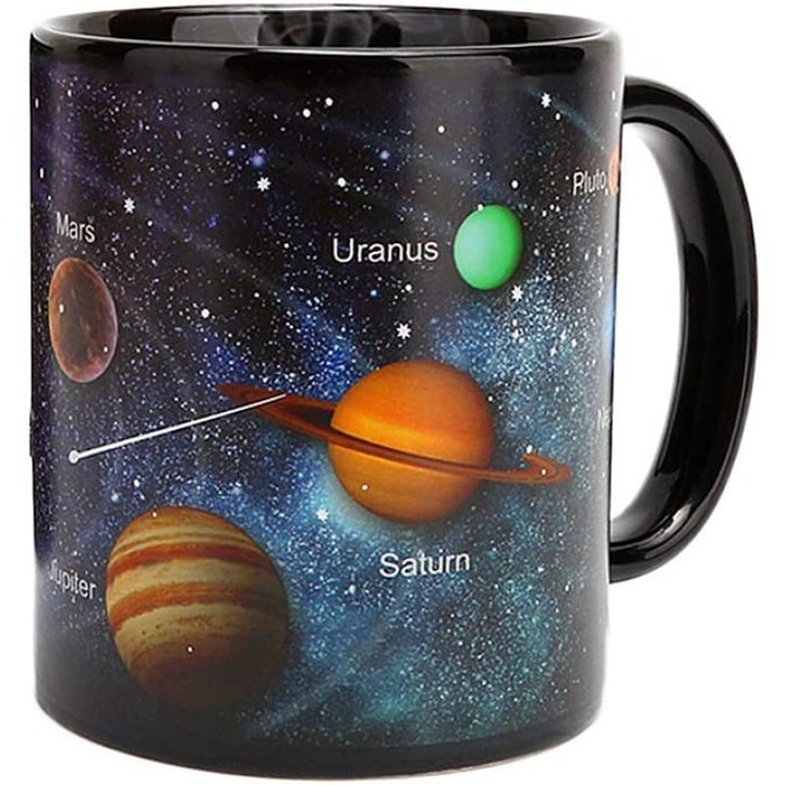 Cana termosensibila, Model sistem solar, Ceramica, Schimbare culoare, 8.2 x 8.2 x 9.6 cm, 330ml, Negru