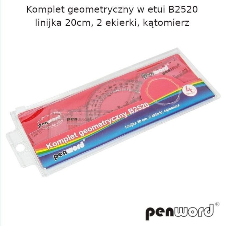 Geometriai eszközkészlet Penword, 20 cm-es vonalzó, 2 derékszögű vonalzó, szögmérő, buborékfólia, 213x94 mm