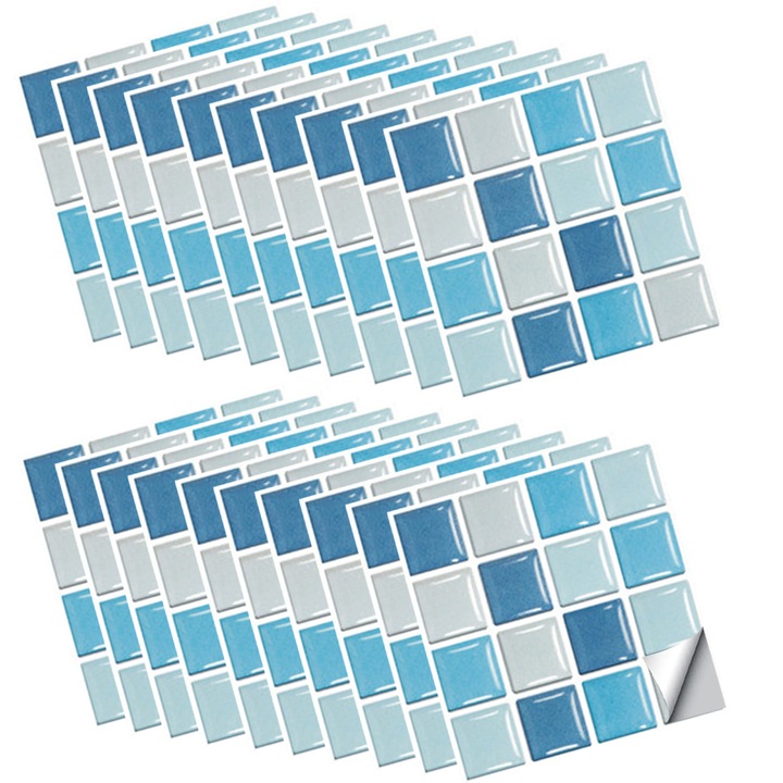 QttvbTna 30 db öntapadó csempe készlet, PVC, mozaik stílusú, 10 x 10 cm, szürke/kék