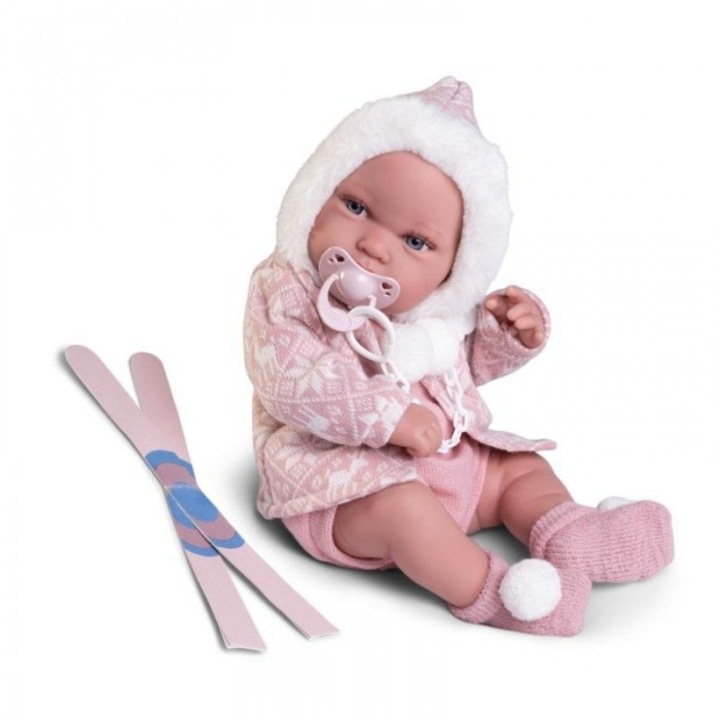 Papusa spaniola Antonio Juan Recien Nacida Pipa 42cm, ochi albastri, imbracaminte de iarna, set