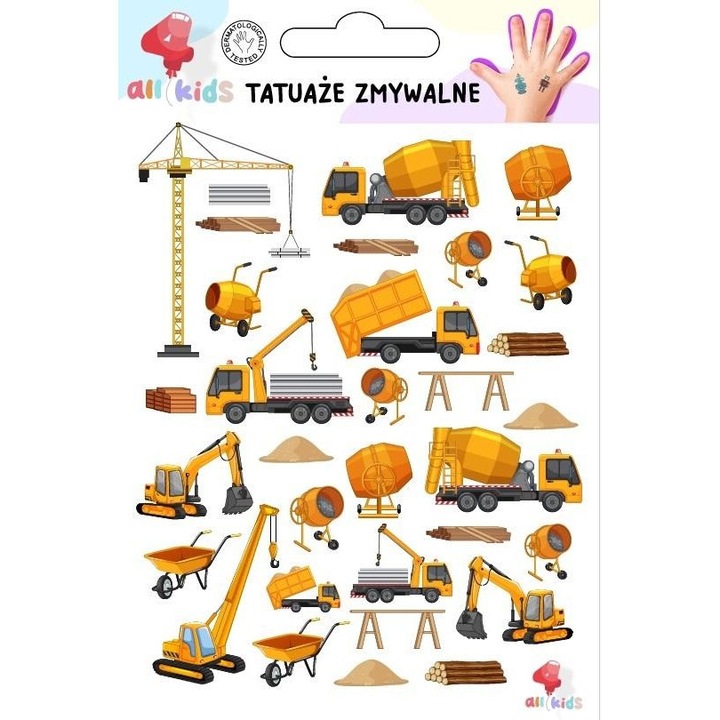 Építőipari gépek ideiglenes tetováláskészlet, All4Kids, 3 éves kortól, Többszínű