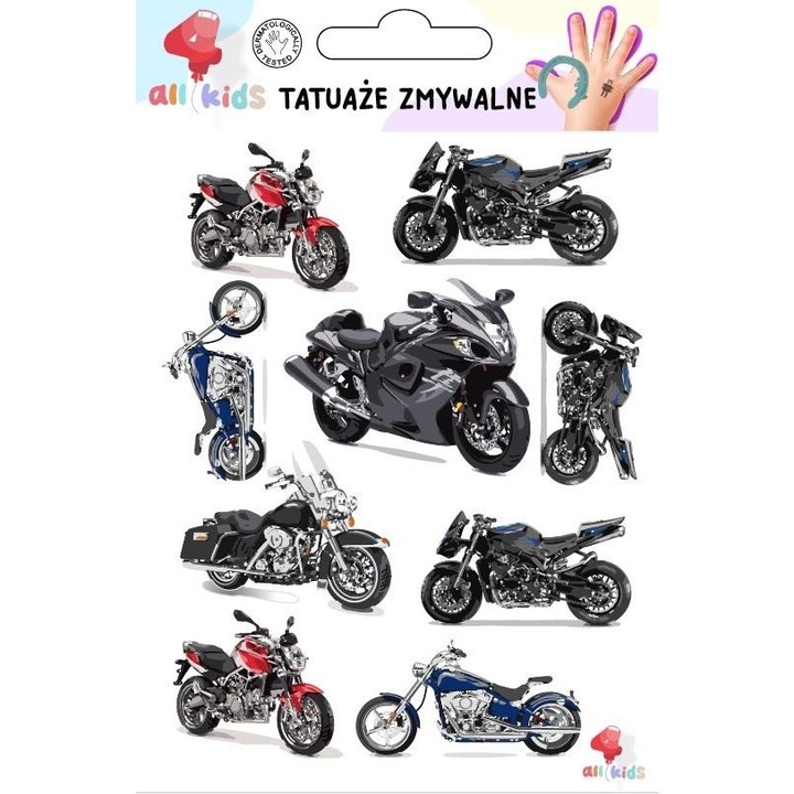 Комплект за временни татуировки на мотоциклет All4Kids, дерматологично тестван, 3+, 100x150 мм