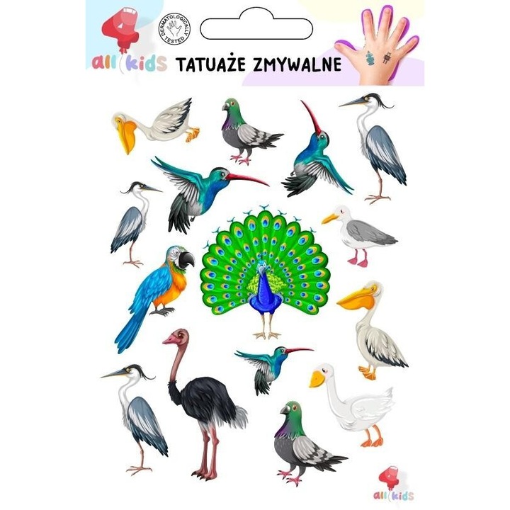 Tatuaje temporare pentru copii All4Kids, pasari, test dermatologic, 100x150mm, 3+ ani