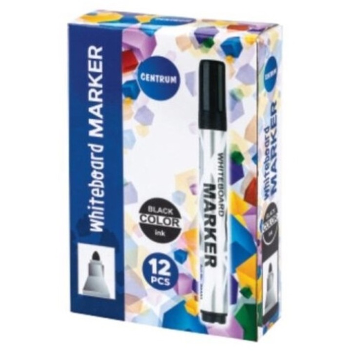Set 12 markere pentru tabla Centrum, negru, varf 2-5mm, 94x148mm