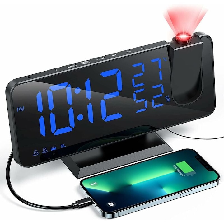 Ceas desteptator cu proiector si radio, ceas digital, ceas desteptator cu port USB, 3 niveluri de luminozitate reglabile, amanare si 15 niveluri de volum, timp 12/24h, pentru dormitor, casa, birou