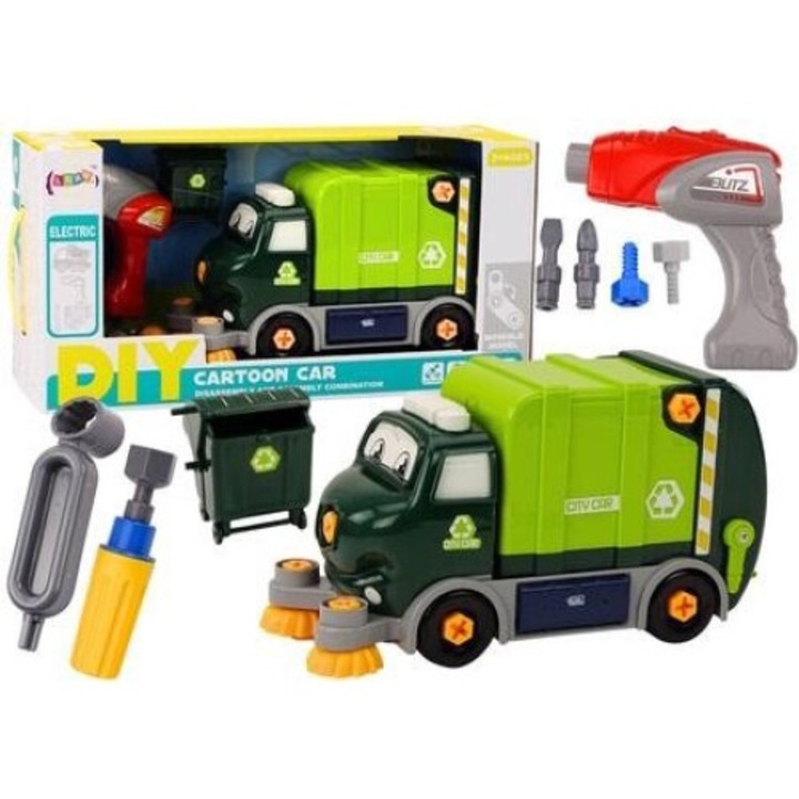 Camion de gunoi, LEANToys, DIY, set de jucarie cu unelte, verde, 33x17.5x13.5cm