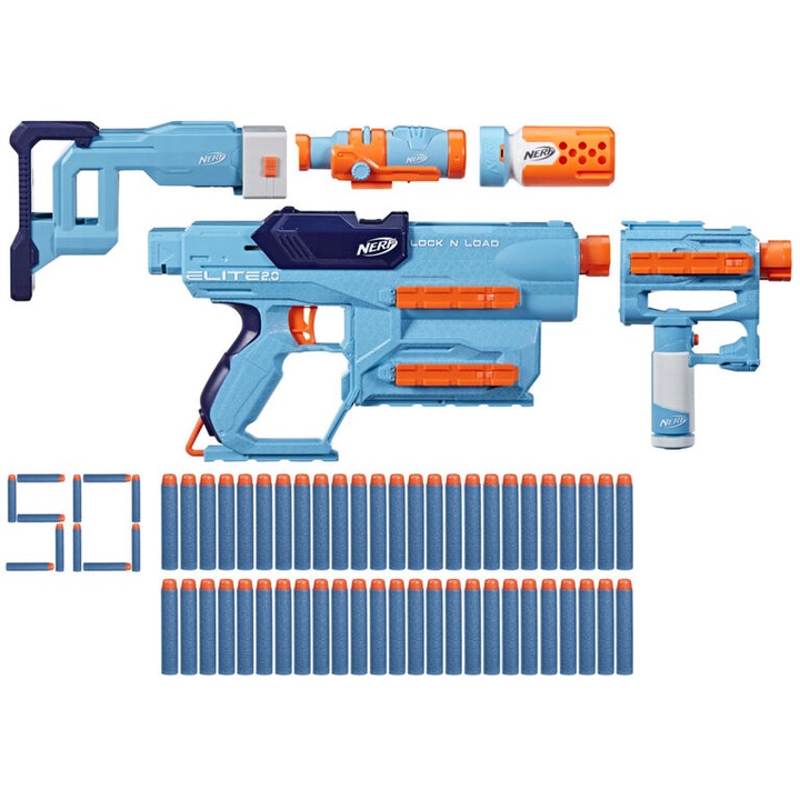 Пистолет Nerf Elite 2.0 Lock N Load Pack, Hasbro, 50 стрелички, 12 комбинации, многоцветен