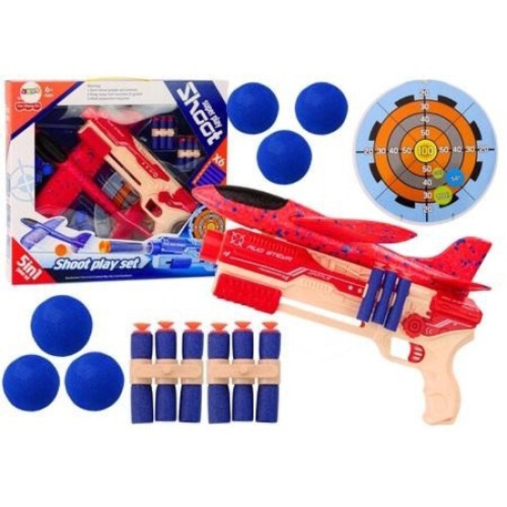 Set de Jucarie Militara LEANToys, Pistolet cu Proiectile si Avion, 5 in 1, Multicolor, 55.8x62.8cm