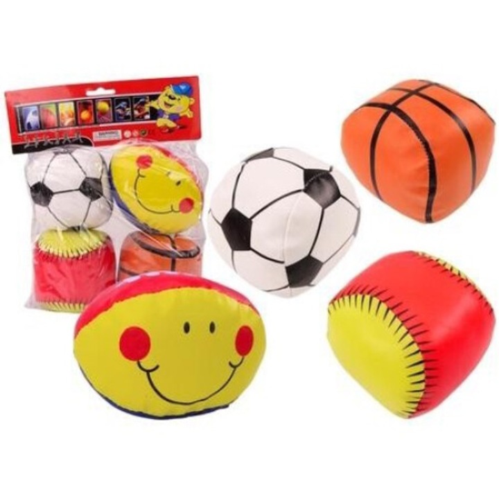 Set 4 mingi sportive, Leantoys, fotbal, baschet, baseball, rugby, 9-13cm, multicolor, 3+