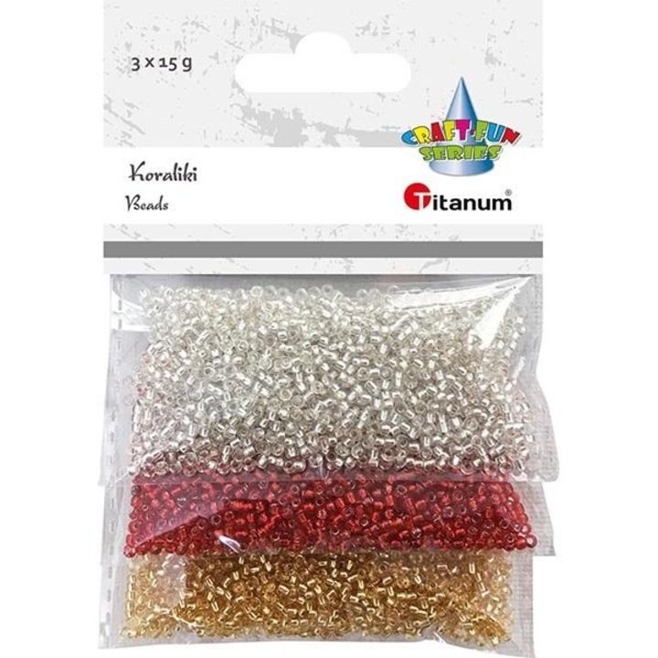 Комплект за занаяти, TITANUM, Пластмасови мъниста, 15гр, червен, златен, сребърен