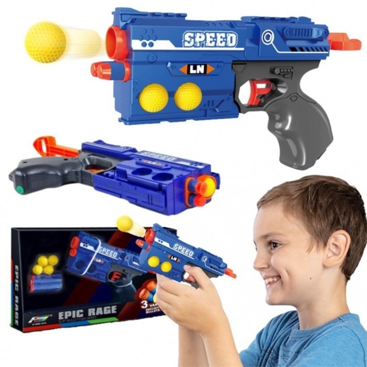 MAKSIK pumpás pisztolykészlet, 2 tapadókorongos darts, 3 puha lövedék, 4 gumigolyó, többszínű, 358x217 mm