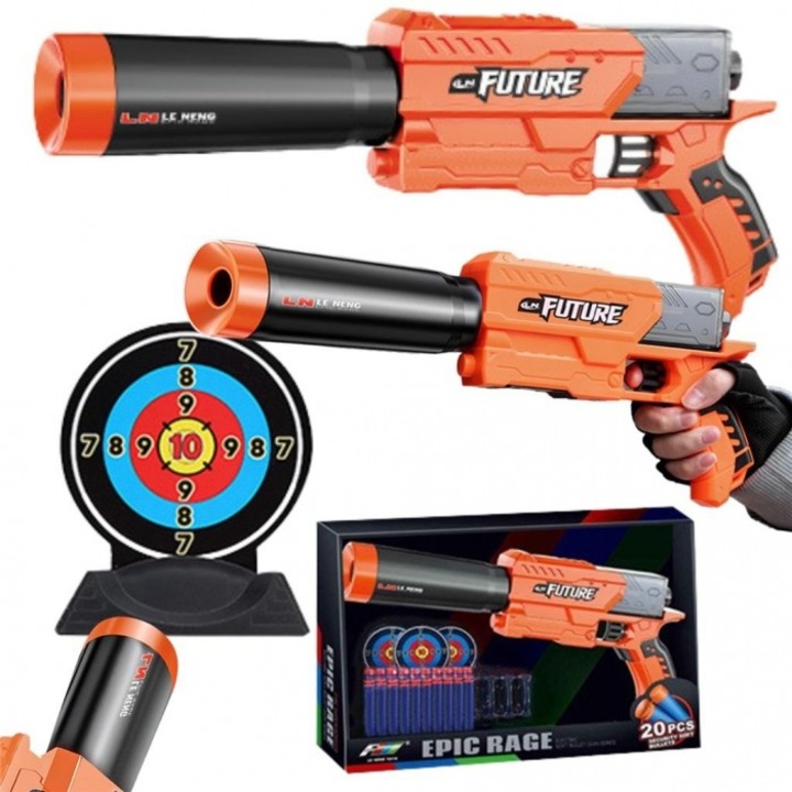 Elektromos játékpisztoly, MAKSIK, 20 nyíllal és 3 céltáblával, fekete-narancssárga, 305x433 mm