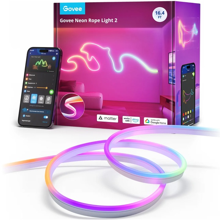 Смарт LED лента Govee Neon H61D5 RGBIC, Wi-Fi, Bluetooth, Matter, 48W, Music Sync, Alexa, Google Assistant, 5м