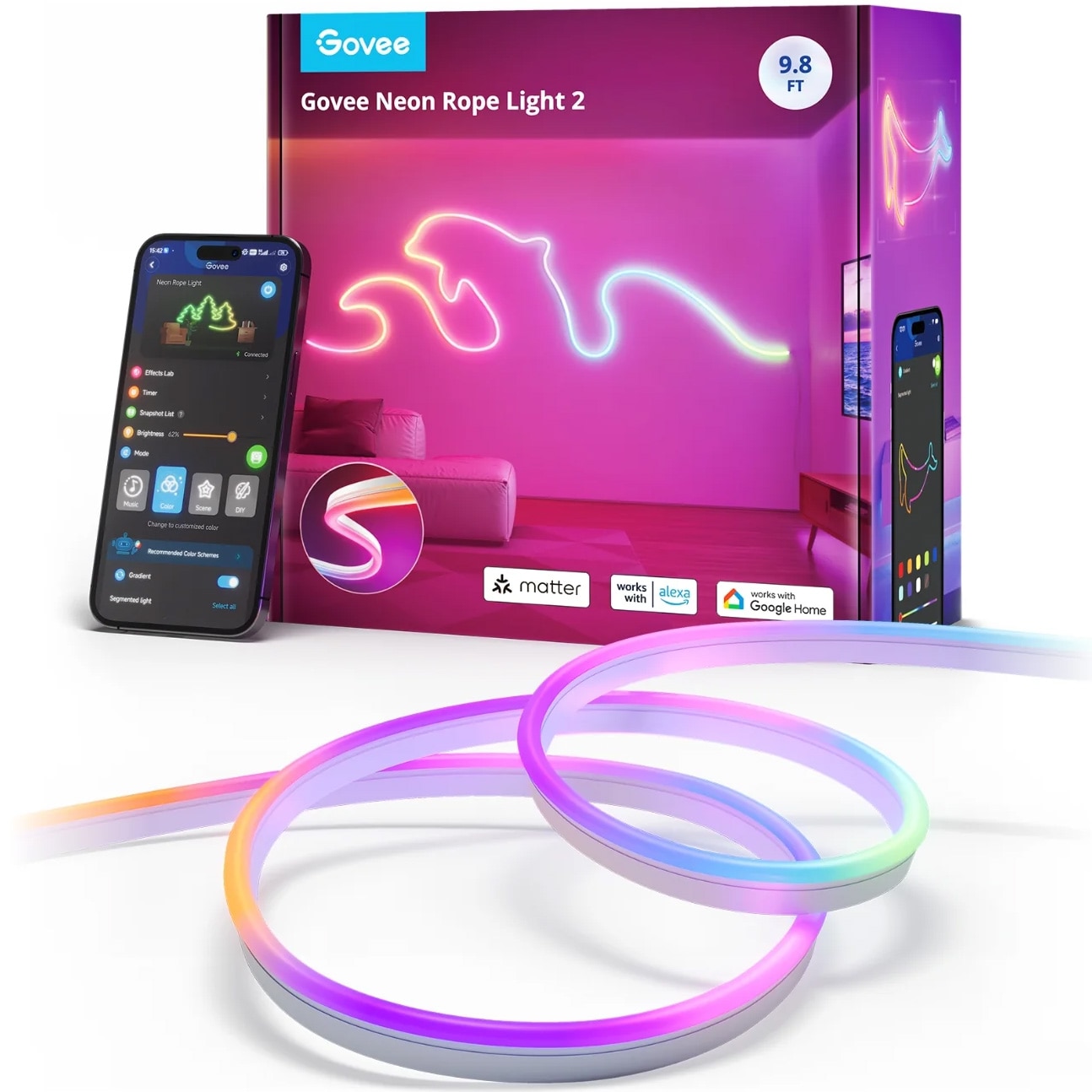 Banda LED inteligenta Govee Neon H61D3 RGBIC, Wi-Fi, Bluetooth, Matter, 36W, Sincronizare Muzica, Alexa, Google Asistant, 3m