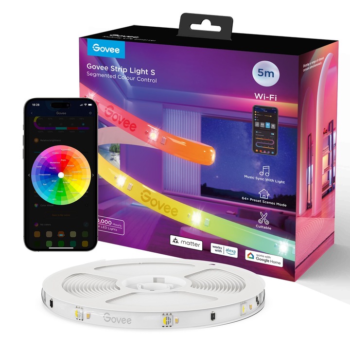Смарт LED лента Govee H612A RGBICW, Wi-Fi, Bluetooth, Matter, 24W, Синхронизация на музика, Alexa, Google Assistant, 5м