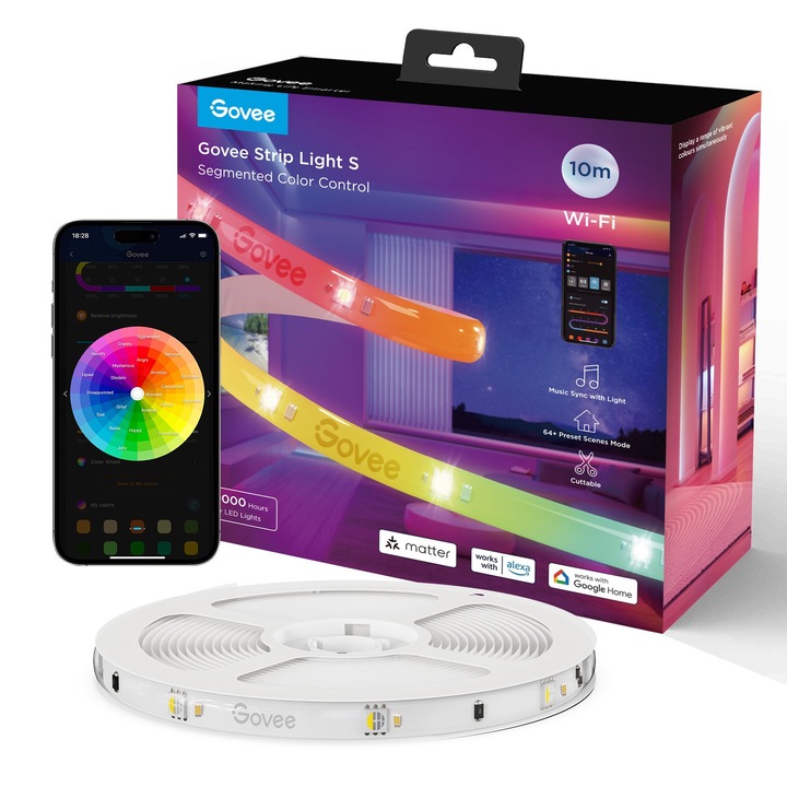 Banda LED inteligenta Govee H612C RGBICW, Wi-Fi, Bluetooth, Matter, 24W, Sincronizare Muzica, Alexa , Google Asistant, 10m