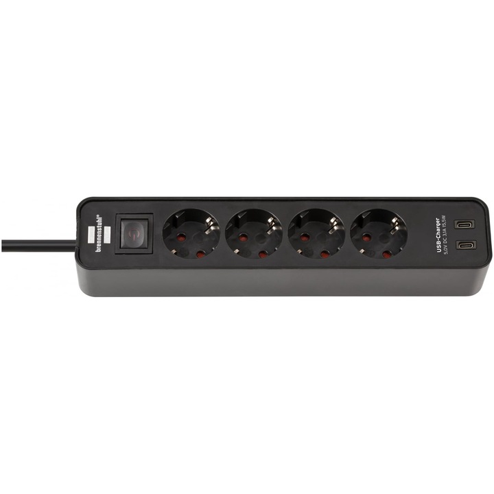Разклонител Brennenstuhl Ecolor, Със светещ ключ, 4 гнезда, 2xUSB-C 5V/3.10A, 15.5W, 1.5 м, Черен