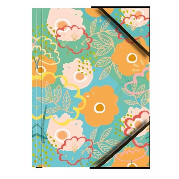 Set 6 dosare A4 cartonate, Tetis, cu elastic, grafica florala pastel, 245x329mm
