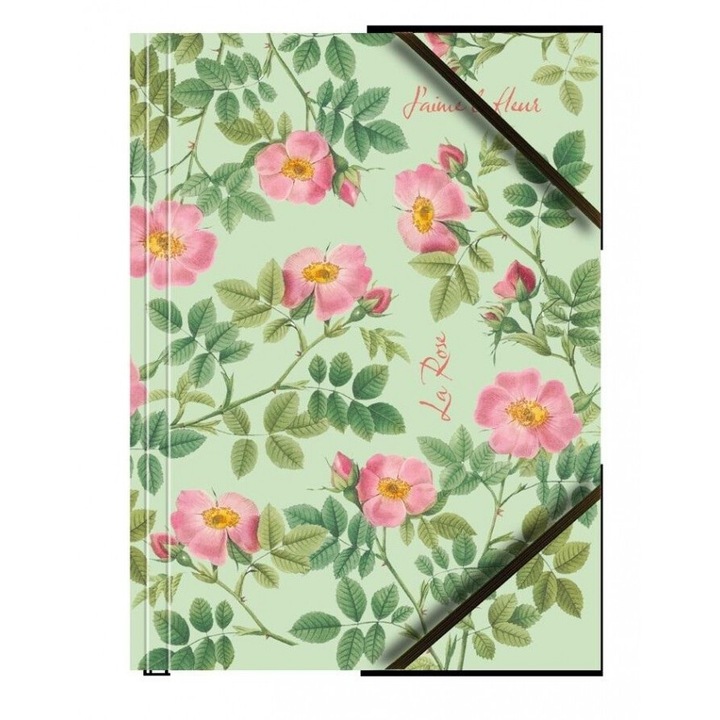 Set dosare A4 cartonate, Tetis, cu elastic, grafica trandafiri, verde, 323x254 mm