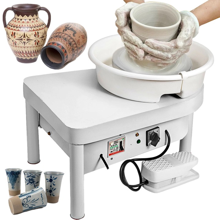 Set de Artizanat, Roata Ceramica 350W, 25cm diametru, Pedala Picior, 8 Unelte incluse, Alb