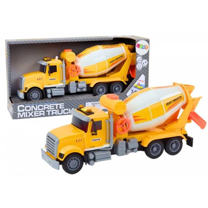 LEANToys betonkeverő teherautó, fény- és hangeffektusokkal, sárga, 36x15x11cm