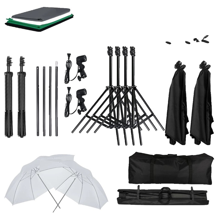 Set de iluminare foto, 4 fundaluri colorate, 2x3m, 4 lampi LED 20W, suport de 2m