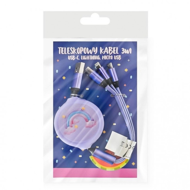 Breloc cu cabluri de incarcare 3 in 1 MCD, mov, 110cm