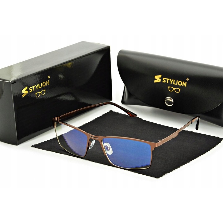 Ochelari de vedere Stylion 2553E, protectie lumina albastra, rame din otel inoxidabil, maro, cu etui si laveta