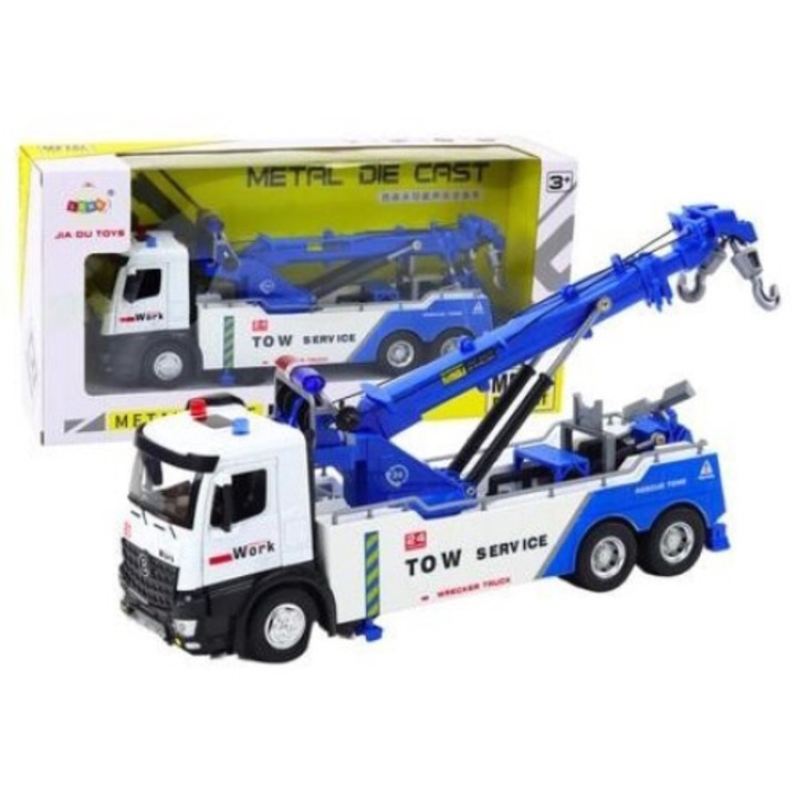 LEANToys Камион с кран, метал, синьо и бяло, светлинни и звукови ефекти, 3 години+
