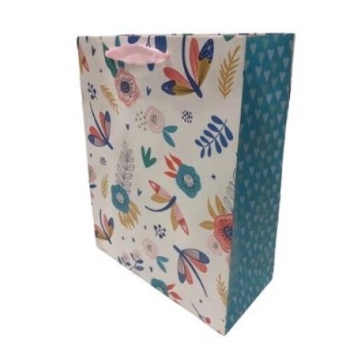 Friss ajándéktáska, matt virágokkal, 35x37x12cm
