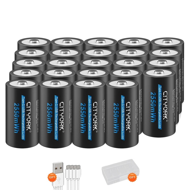 Set 24 Baterii Reincarcabile, 2550mWh, USB Type-C, 10 ani garantie, multicolor