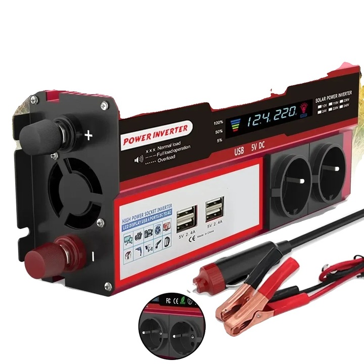 Автомобилен инвертор, LED дисплей, 4 USB порта, 3000W, 12V-220V