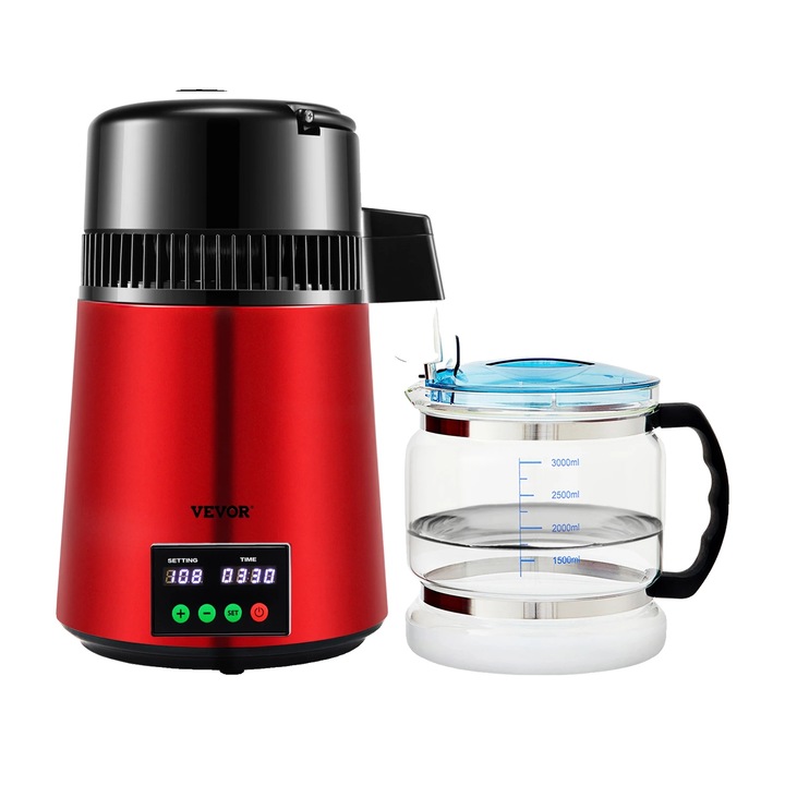 Дестилатор за вода, 4L, гарафа от боросиликатно стъкло, контрол на температурата, неръждаема стомана, червен, 27.5x23.6x38.5cm