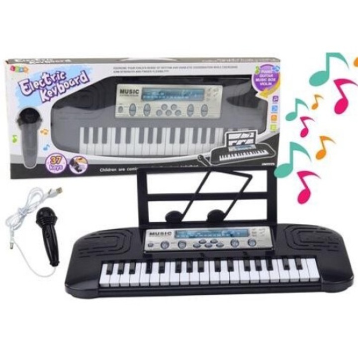 Pian electric pentru copii, LEANToys, Negru, 48.5x19.5x16cm