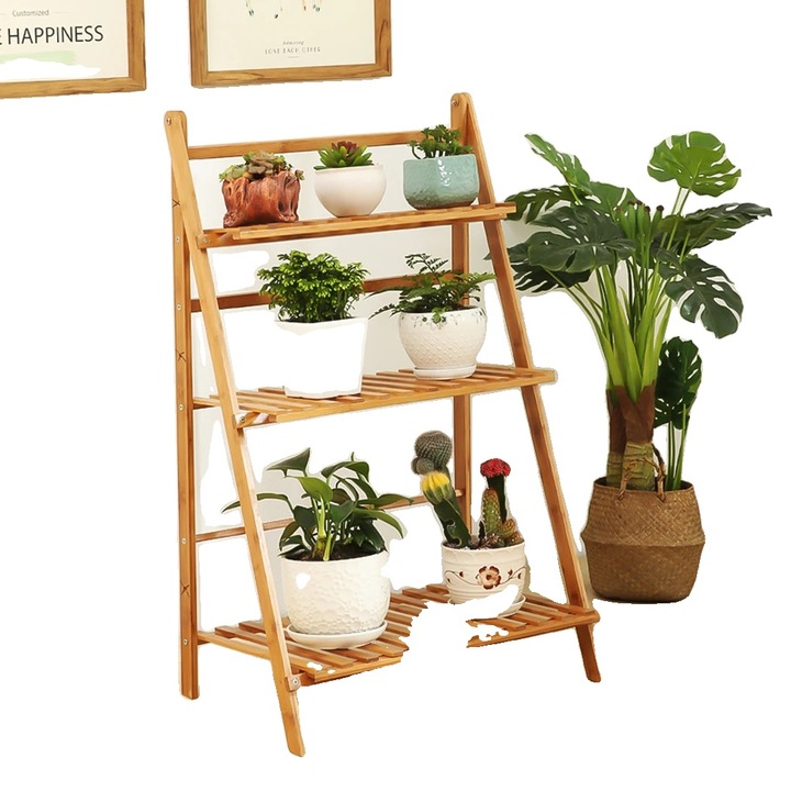 Suport pentru plante din bambus cu 3 niveluri, capacitate mare, design care economiseste spatiu, natural, L