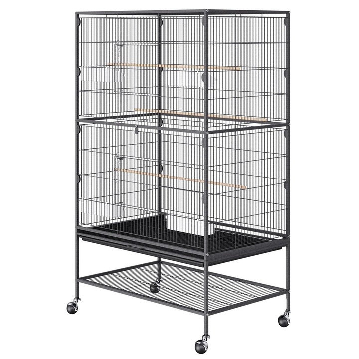 Tágas ketrec madaraknak, acél, forgatható kerekekkel, fekete, 79x51x132cm