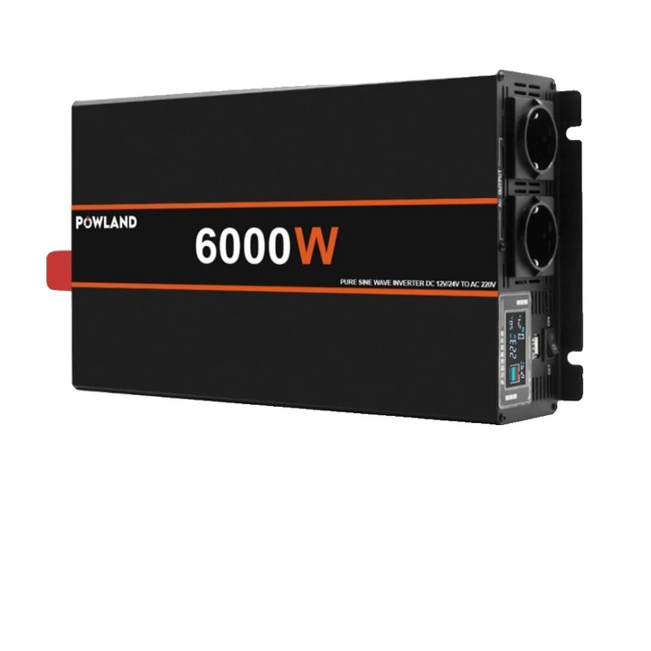 Автомобилен инвертор с чиста синусоида, Powland, 6000W пикова мощност, 3000W непрекъснато, 220V, 12V, 355x215x80mm, 2 гнезда, автоматично двойно охлаждане