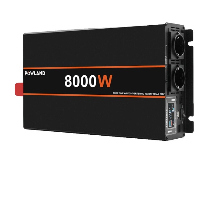 Автомобилен инвертор, Powland, 8000W, 4000W непрекъснато, 220V, множествена защита, 2 гнезда, USB, 395x215x80mm