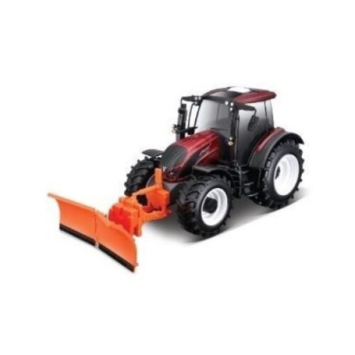 Tractor de ferma cu incarcator frontal si plug de zapada Valtra N174, BBurago, plastic, scara 1:32, 279x101mm, multicolor