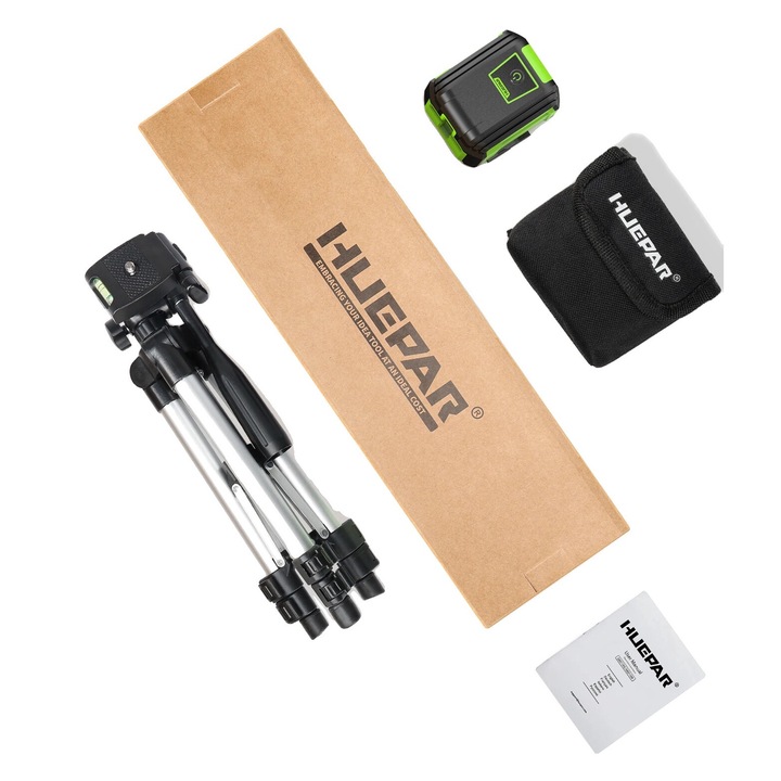 Нивелир със зелен лазер, Huepar, 2 линии, точност +/-3mm/10m, самонивелиращ се, 30x10x8cm