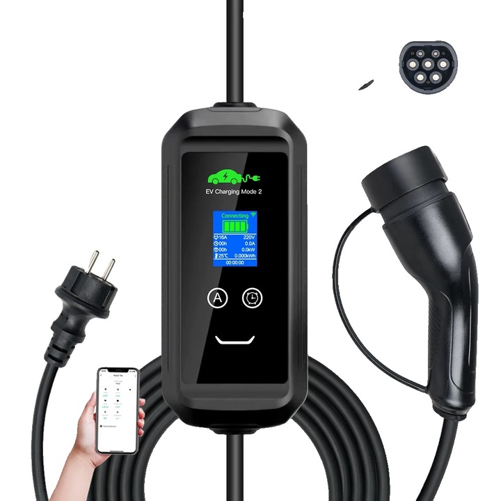 Statie de incarcare portabila pentru vehicule electrice, 3.6kW, curent ajustabil, IP67, cablu 5m, 16A 1P Type2