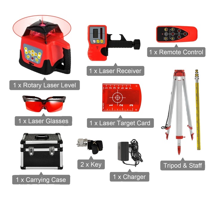 Ротационен лазерен нивелир, комплект от 2 броя, измерване 500 м, самонивелиране, червен, включени статив и щанга