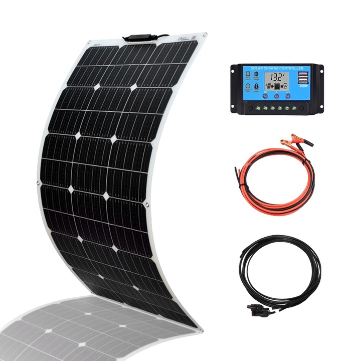 Panou solar flexibil 100W, eficienta 21.8%, set complet cu controller de incarcare si cabluri, alb, 1060x530x3mm