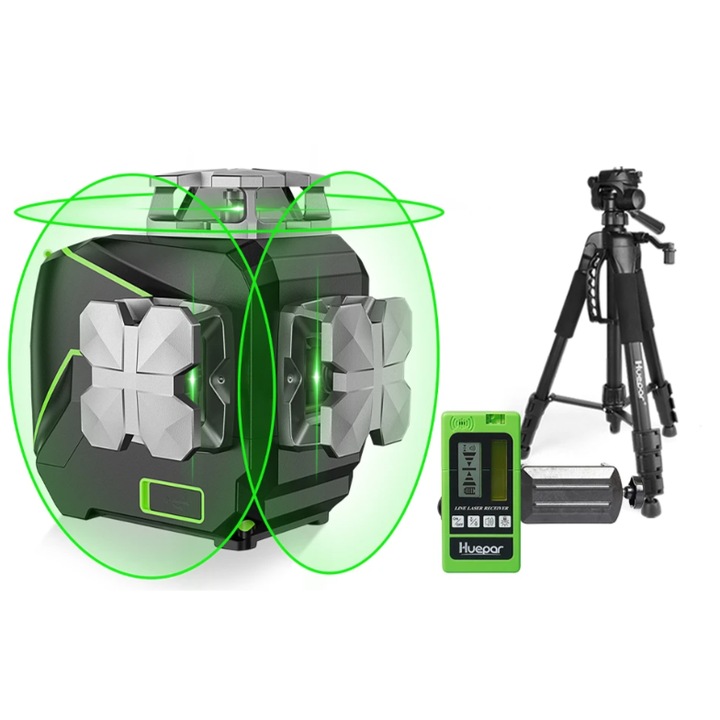 Лазерен нивелир Huepar, S03CG-C, Bluetooth, LCD екран, зелена светлина, 3D кръстосана линия, 12 линии, черен