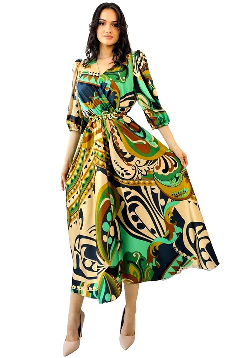 Rochie evazata LORY, cu imprimeu Africa si curea metalica, Verde, Marimea 46