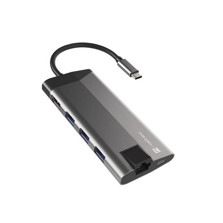 Докинг станция Natec, Fowler Plus Multiport Adapter 8 in 1, USB 3.0 HUB, HDMI 4K, USB-C PD, RJ45, SD, Micro